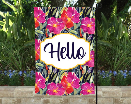 Fuchsia Floral Hello Garden Flag