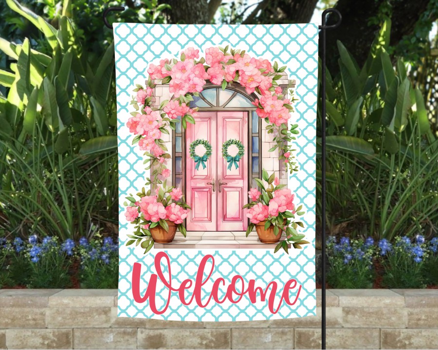 Pink & Teal Floral Front Door Welcome Garden Flag